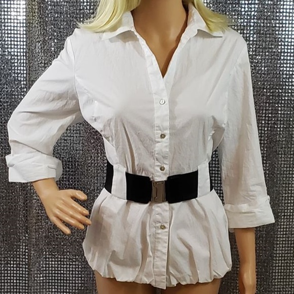 Classic White Buttonup Blouse w Elastic Black Belt - Picture 1 of 4